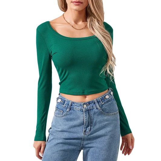 Solid Color Ribbed Scoop Neck Long Sleeve T-Shirts