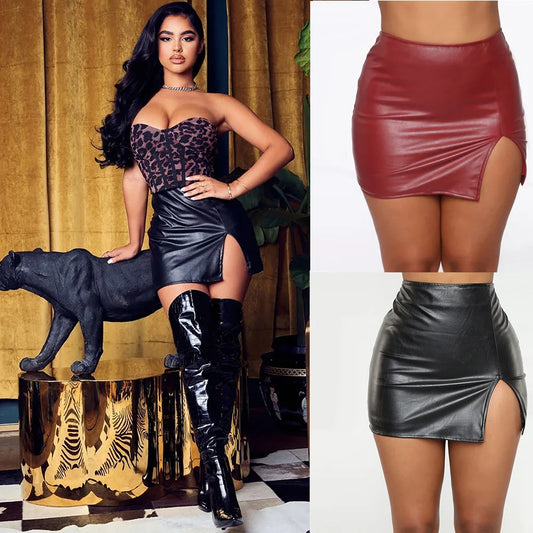 High waist bag hip short skirt nightclub PU leather zipper