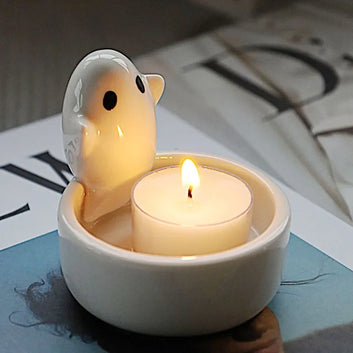 Ceramic Ghost Cat Candlestick Tea Light Candle Holder INS